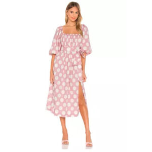 LPA Pink White‎ Polka Dot Square Neck Puff Sleeve Midi Dress S
